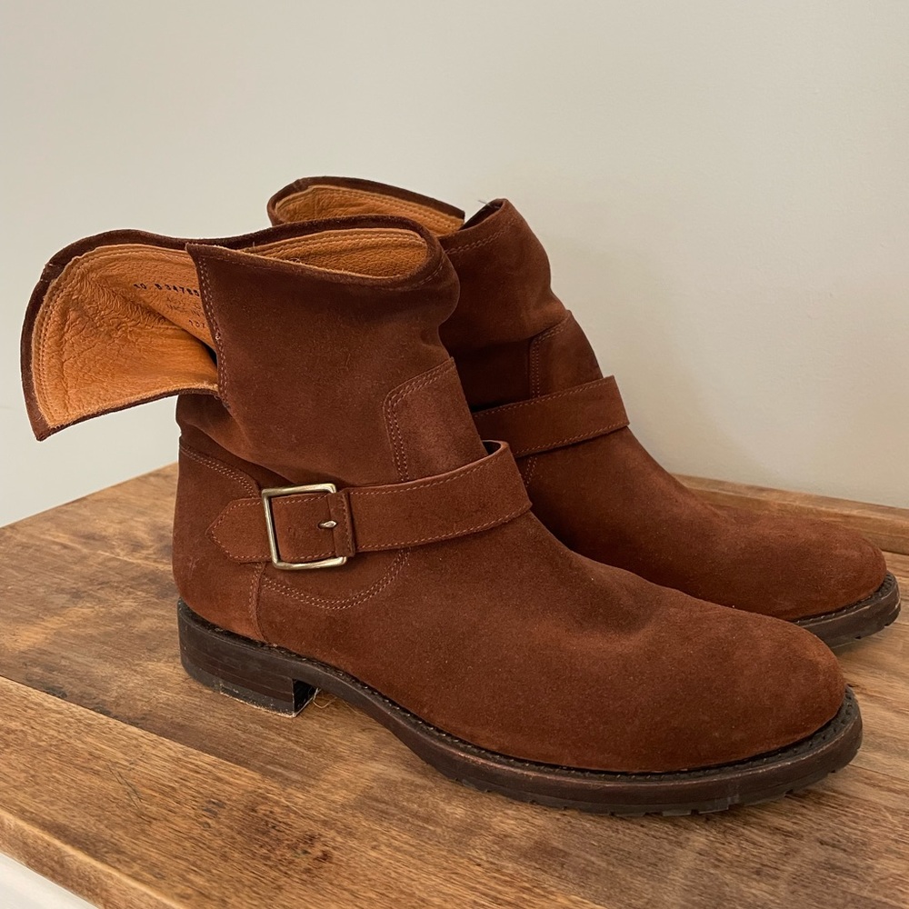 Frye Suede Natalie Short Engineer Boots in Cognac